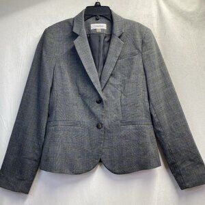 Calvin Klein Faux Welt Pocket Lined Plaid Blazer Women Sz10 Gray Shoulder Pads